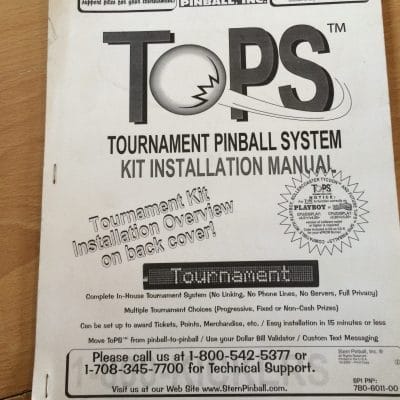 Stern ToPS Tournament Pinball System kit installation manual showing tournament display and instructions