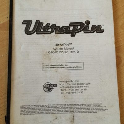 UltraPin System Manual white cover with chrome logo by Global VR for digital pinball cabinet
